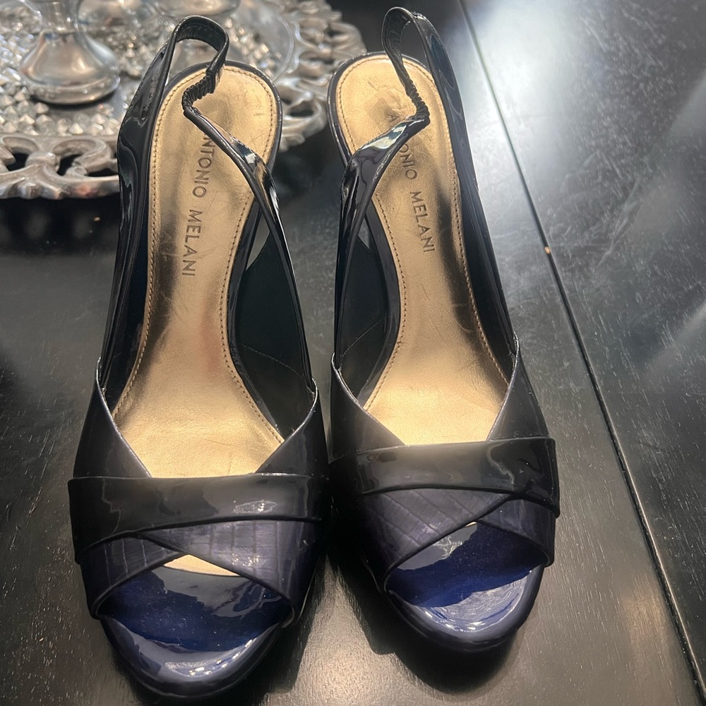 ANTONIO MELANI Navy Patent Slingback Heels